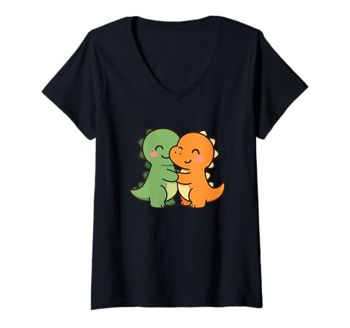 Damen Dino Friends Forever Niedliches Kawaii-Dinosaurier-Design. T-Shirt mit V-Ausschnitt von Cute Animal by Lumi Art