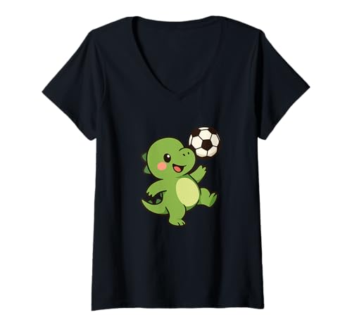 Damen Dino Kicking Ball Niedlicher Kawaii Dino, Fußball T-Shirt mit V-Ausschnitt von Cute Animal by Lumi Art
