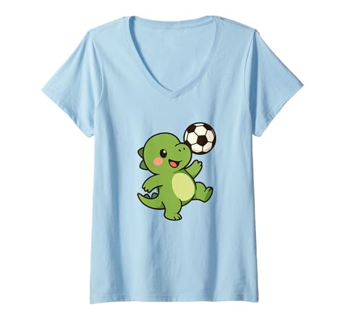 Damen Dino Kicking Ball Niedlicher Kawaii Dino, Fußball T-Shirt mit V-Ausschnitt von Cute Animal by Lumi Art