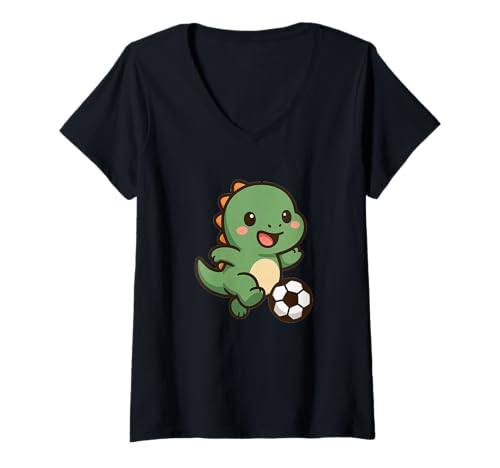 Damen Dino Kicking Ball Niedlicher Kawaii Dino, Fußball T-Shirt mit V-Ausschnitt von Cute Animal by Lumi Art