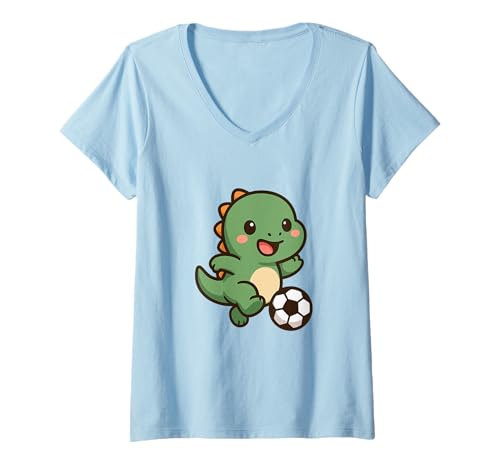 Damen Dino Kicking Ball Niedlicher Kawaii Fußball Dino T-Shirt mit V-Ausschnitt von Cute Animal by Lumi Art