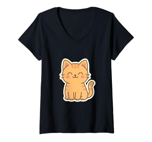 Damen Fröhliche Kawaii-Katzen-Zeichnung. Niedliche Tierkunst. T-Shirt mit V-Ausschnitt von Cute Animal by Lumi Art