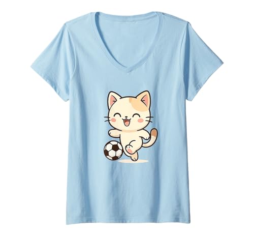 Damen Fußball Kawaii Katze Zeichnung Niedliche Tierkunst T-Shirt mit V-Ausschnitt von Cute Animal by Lumi Art