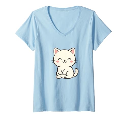 Damen Garn Kawaii Katze Zeichnung Niedliche Tierkunst T-Shirt mit V-Ausschnitt von Cute Animal by Lumi Art