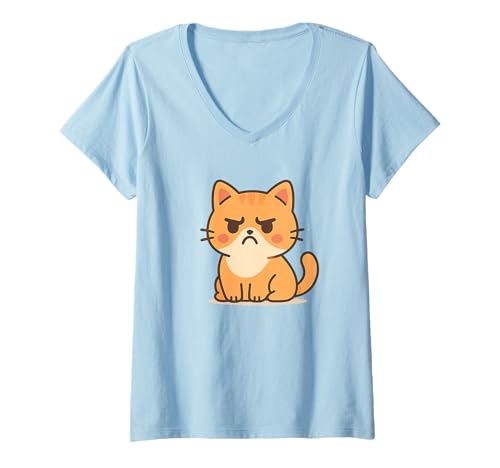 Damen Grumpy Kawaii, Katzenkunst, lustiges Cartoon-Design. T-Shirt mit V-Ausschnitt von Cute Animal by Lumi Art