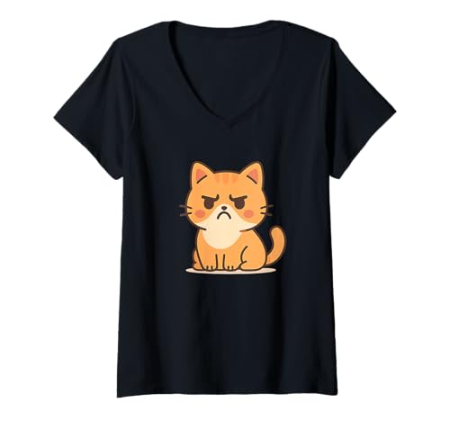 Damen Grumpy Kawaii Katze Zeichnung Niedliche Tierkunst T-Shirt mit V-Ausschnitt von Cute Animal by Lumi Art