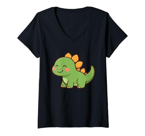 Damen Happy Stegosaurus Smile Süße Kawaii Dino Kunst T-Shirt mit V-Ausschnitt von Cute Animal by Lumi Art