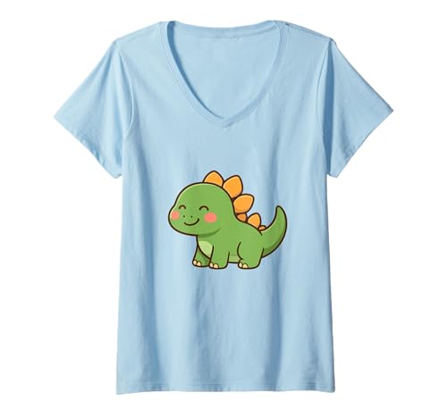 Damen Happy Stegosaurus Smile Süße Kawaii Dino Kunst T-Shirt mit V-Ausschnitt von Cute Animal by Lumi Art