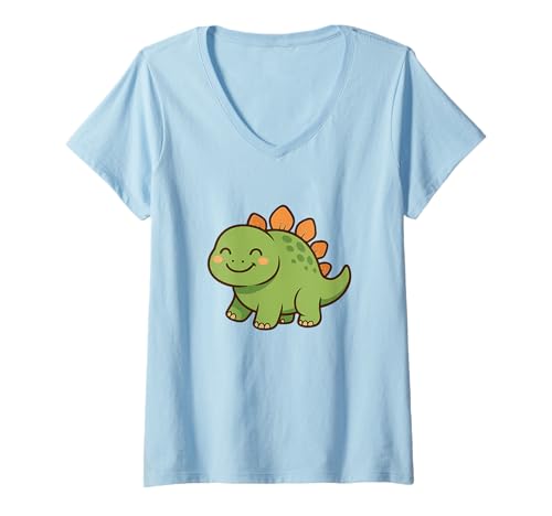 Damen Happy Stegosaurus Smile Süße Kawaii Dino Kunst T-Shirt mit V-Ausschnitt von Cute Animal by Lumi Art