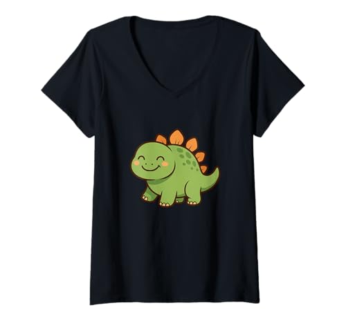 Damen Happy Stegosaurus Smile Süße Kawaii Dino Kunst T-Shirt mit V-Ausschnitt von Cute Animal by Lumi Art