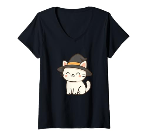 Damen Hexenhut Kawaii Katze Zeichnung Halloween T-Shirt mit V-Ausschnitt von Cute Animal by Lumi Art