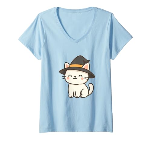 Damen Hexenhut Kawaii Katze Zeichnung Halloween T-Shirt mit V-Ausschnitt von Cute Animal by Lumi Art