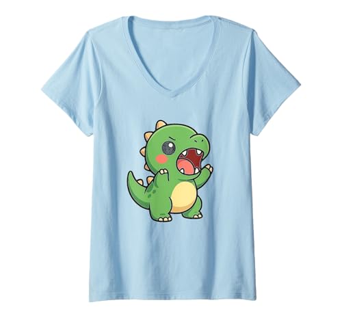 Damen Jurassic Roar. Niedlicher Kawaii-Dinosaurier-Cartoon T-Shirt mit V-Ausschnitt von Cute Animal by Lumi Art