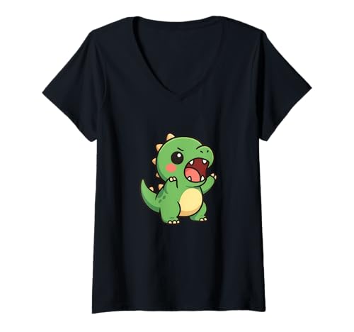 Damen Jurassic Roar. Niedlicher Kawaii-Dinosaurier-Cartoon T-Shirt mit V-Ausschnitt von Cute Animal by Lumi Art