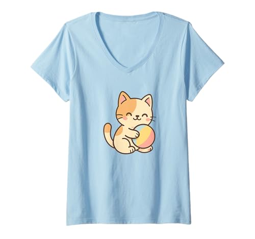 Damen Katze mit Ballzeichnung. Verspieltes Kawaii-Design. T-Shirt mit V-Ausschnitt von Cute Animal by Lumi Art