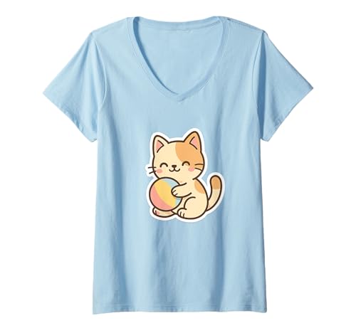 Damen Katze mit Ballzeichnung. Verspieltes Kawaii-Design. T-Shirt mit V-Ausschnitt von Cute Animal by Lumi Art