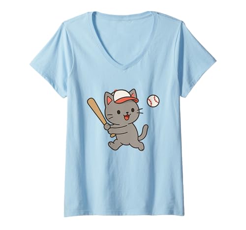 Damen Katze spielt Baseball Niedliche Kawaii Sportkatze T-Shirt mit V-Ausschnitt von Cute Animal by Lumi Art