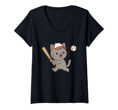 Damen Katze spielt Baseball Niedliche Kawaii Sportkatze T-Shirt mit V-Ausschnitt von Cute Animal by Lumi Art