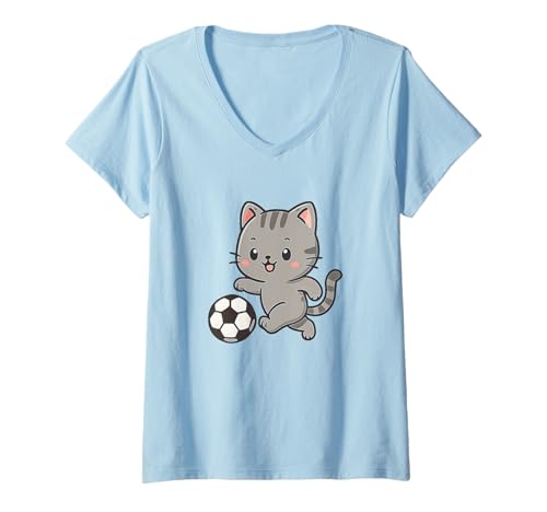 Damen Katze spielt Fußball Süße Kawaii Sportkatze T-Shirt mit V-Ausschnitt von Cute Animal by Lumi Art