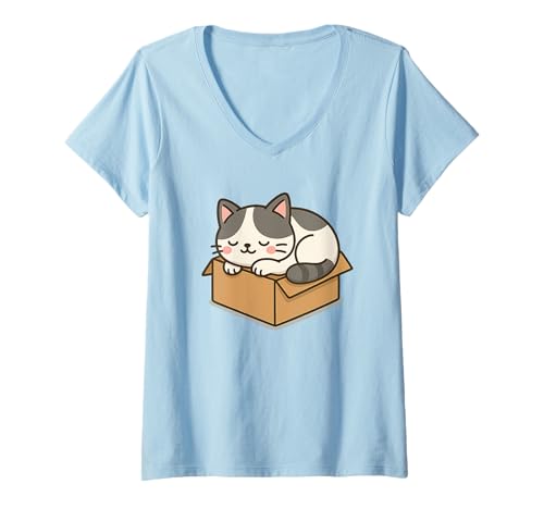 Damen Kawaii-Katzen-Zeichnung in Schachtel. Niedliches Tier-Kunstwerk. T-Shirt mit V-Ausschnitt von Cute Animal by Lumi Art