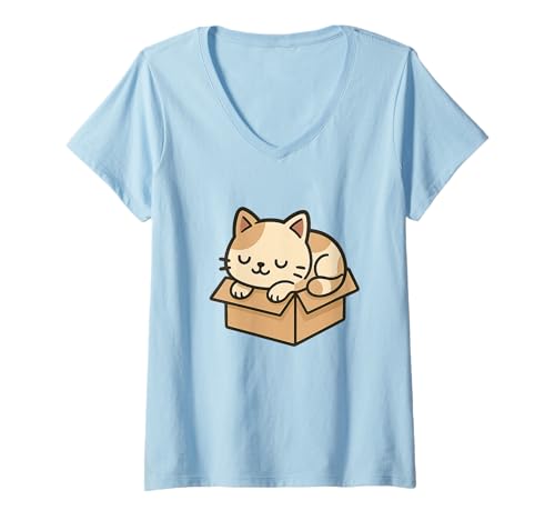 Damen Kawaii-Katzen-Zeichnung in Schachtel. Niedliches Tier-Kunstwerk. T-Shirt mit V-Ausschnitt von Cute Animal by Lumi Art