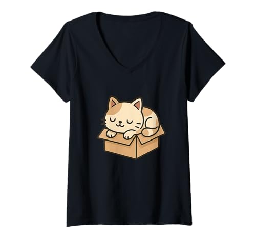 Damen Kawaii-Katzen-Zeichnung in Schachtel. Niedliches Tier-Kunstwerk. T-Shirt mit V-Ausschnitt von Cute Animal by Lumi Art
