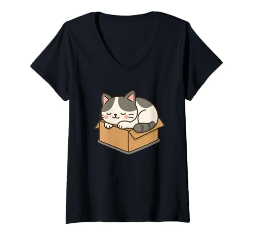 Damen Kawaii-Katzen-Zeichnung in Schachtel. Niedliches Tier-Kunstwerk. T-Shirt mit V-Ausschnitt von Cute Animal by Lumi Art