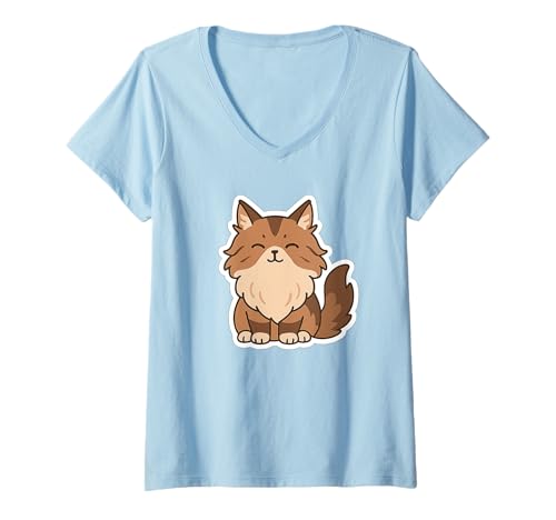 Damen Maine Kawaii Katze Zeichnung Niedliche Tierkunst T-Shirt mit V-Ausschnitt von Cute Animal by Lumi Art
