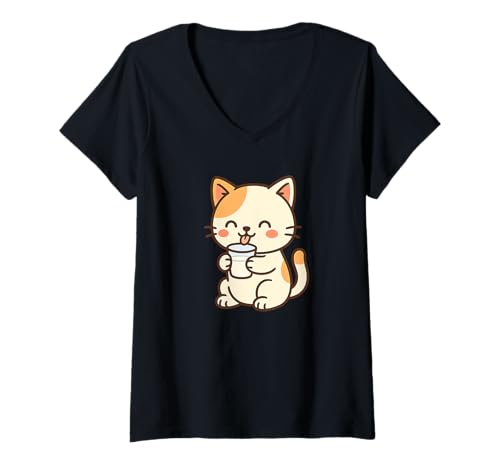 Damen Milch Kawaii Katze Zeichnung Niedliches Tierkunstwerk T-Shirt mit V-Ausschnitt von Cute Animal by Lumi Art