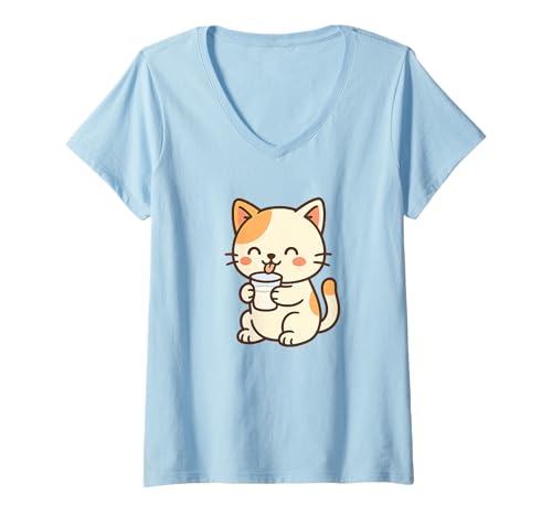 Damen Milch Kawaii Katze Zeichnung Niedliches Tierkunstwerk T-Shirt mit V-Ausschnitt von Cute Animal by Lumi Art