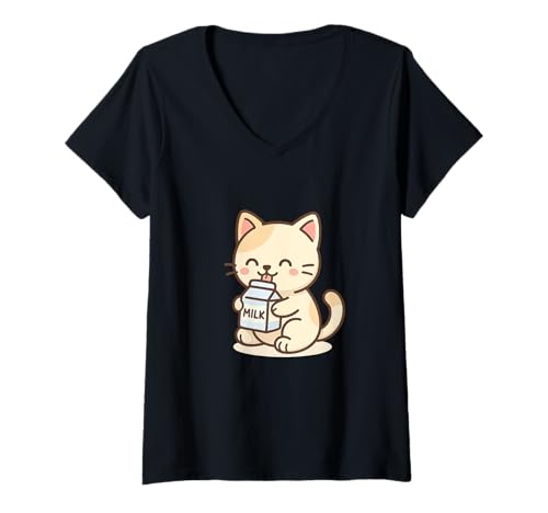 Damen Milch Kawaii Katze Zeichnung Niedliches Tierkunstwerk T-Shirt mit V-Ausschnitt von Cute Animal by Lumi Art