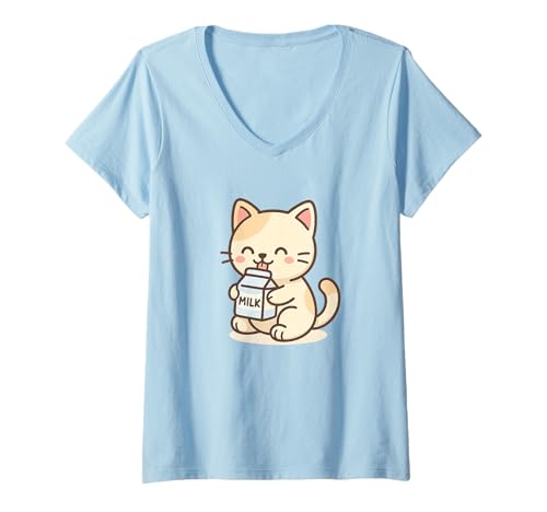 Damen Milch Kawaii Katze Zeichnung Niedliches Tierkunstwerk T-Shirt mit V-Ausschnitt von Cute Animal by Lumi Art