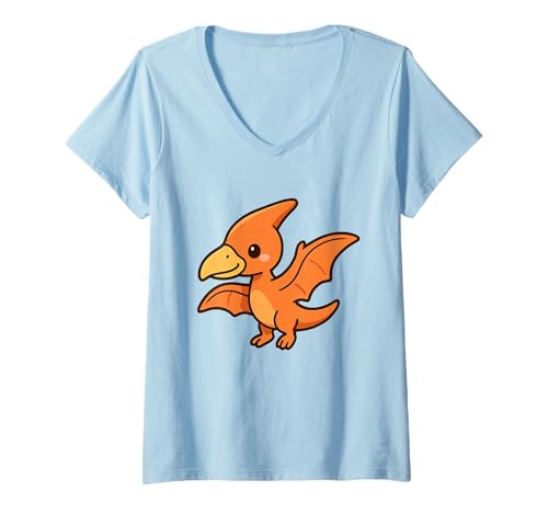 Damen Mini Pterodactyl Flight Cute Kawaii Dino T-Shirt mit V-Ausschnitt von Cute Animal by Lumi Art