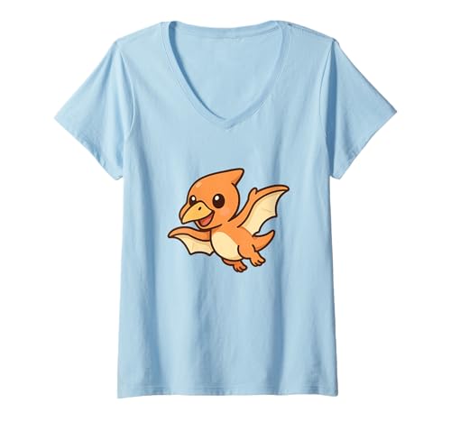 Damen Mini Pterodactyl Flight Cute Kawaii Dino T-Shirt mit V-Ausschnitt von Cute Animal by Lumi Art