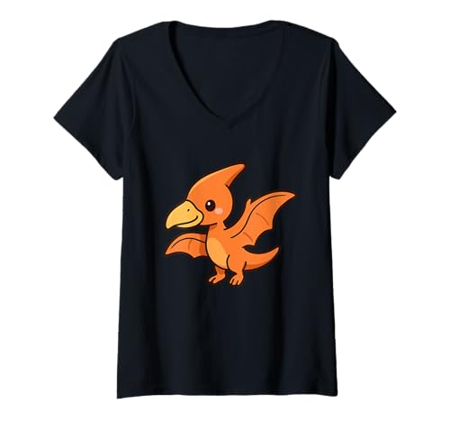 Damen Mini Pterodactyl Flight Cute Kawaii Dino T-Shirt mit V-Ausschnitt von Cute Animal by Lumi Art