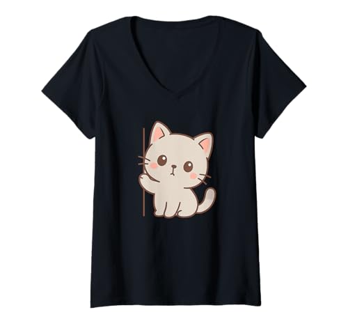 Damen Neugieriges Kawaii-Katzen-Kunstwerk. Minimales Haustier-Design. T-Shirt mit V-Ausschnitt von Cute Animal by Lumi Art