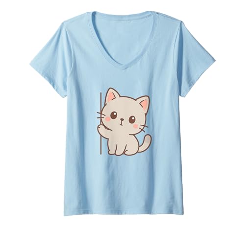 Damen Neugieriges Kawaii-Katzen-Kunstwerk. Minimales Haustier-Design. T-Shirt mit V-Ausschnitt von Cute Animal by Lumi Art