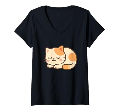 Damen Nickerchen Kawaii-Katze. Niedliche Katzen-Illustration. T-Shirt mit V-Ausschnitt von Cute Animal by Lumi Art