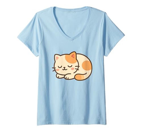 Damen Nickerchen Kawaii-Katze. Niedliche Katzen-Illustration. T-Shirt mit V-Ausschnitt von Cute Animal by Lumi Art