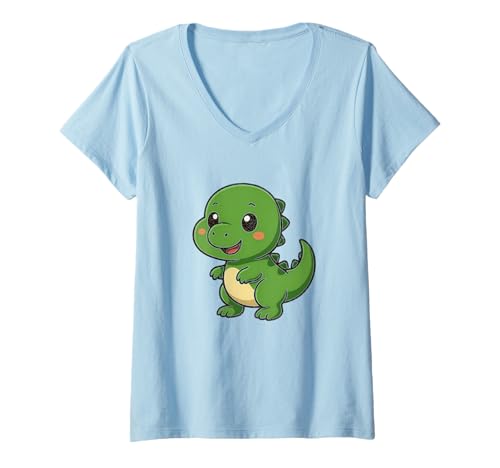 Damen Niedliches Kawaii-Baby-Cartoon-Dinosaurier-Design T-Shirt mit V-Ausschnitt von Cute Animal by Lumi Art