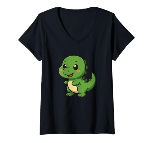Damen Niedliches Kawaii-Baby-Cartoon-Dinosaurier-Design T-Shirt mit V-Ausschnitt von Cute Animal by Lumi Art