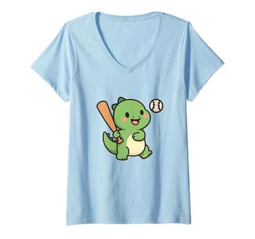 Damen Niedliches Kawaii-Baseball-Dino Cartoon-Design T-Shirt mit V-Ausschnitt von Cute Animal by Lumi Art