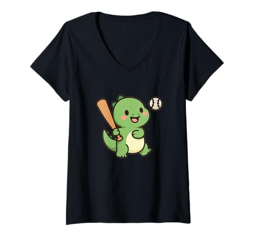 Damen Niedliches Kawaii-Baseball-Dino Cartoon-Design T-Shirt mit V-Ausschnitt von Cute Animal by Lumi Art