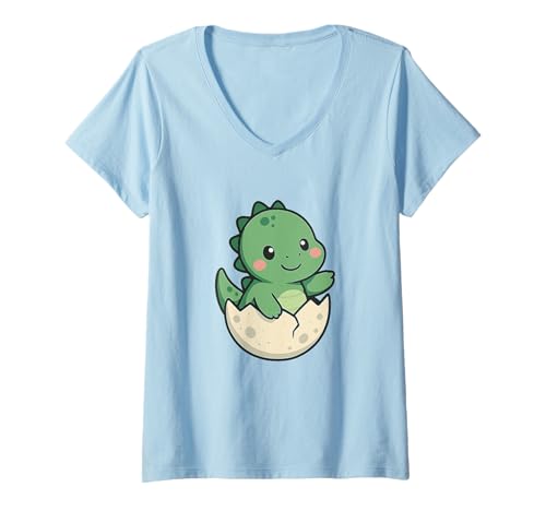 Damen Niedliches Kawaii-Dinosaurier-Ei, Überraschungs-Cartoon- T-Shirt mit V-Ausschnitt von Cute Animal by Lumi Art