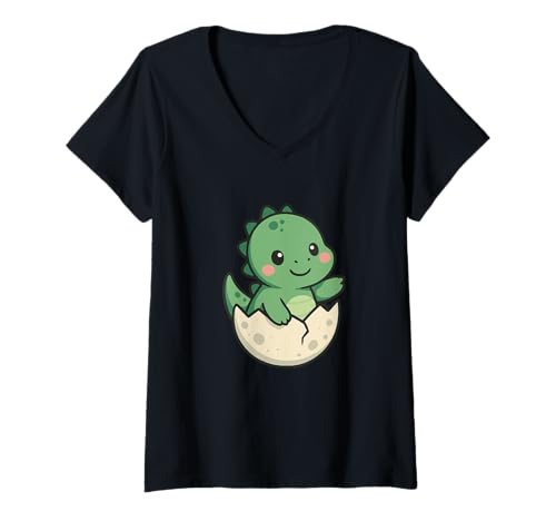 Damen Niedliches Kawaii-Dinosaurier-Ei, Überraschungs-Cartoon- T-Shirt mit V-Ausschnitt von Cute Animal by Lumi Art