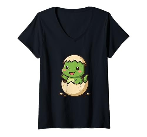 Damen Niedliches Kawaii-Dinosaurier-Ei, Überraschungs-Cartoon- T-Shirt mit V-Ausschnitt von Cute Animal by Lumi Art