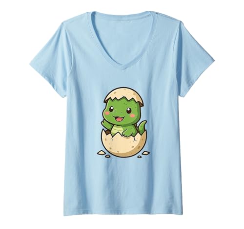 Damen Niedliches Kawaii-Dinosaurier-Ei, Überraschungs-Cartoon- T-Shirt mit V-Ausschnitt von Cute Animal by Lumi Art