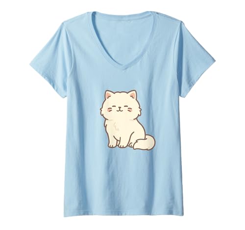 Damen Persische Kawaii-Katzen-Zeichnung Niedliches Tier-Kunstwerk T-Shirt mit V-Ausschnitt von Cute Animal by Lumi Art