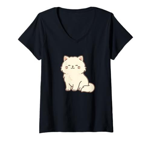 Damen Persische Kawaii-Katzen-Zeichnung Niedliches Tier-Kunstwerk T-Shirt mit V-Ausschnitt von Cute Animal by Lumi Art