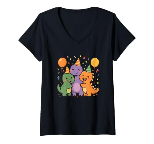 Damen Prähistorische Kumpel-Party. Niedliche Kawaii-Dino-Freunde T-Shirt mit V-Ausschnitt von Cute Animal by Lumi Art